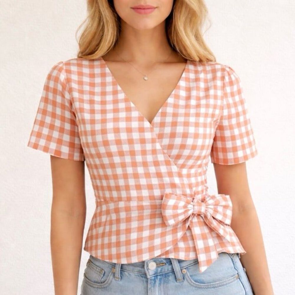 FRNCH Orange Gingham Puff Sleeve Peplum Wrap Top Side Bow V-Neck Size Small